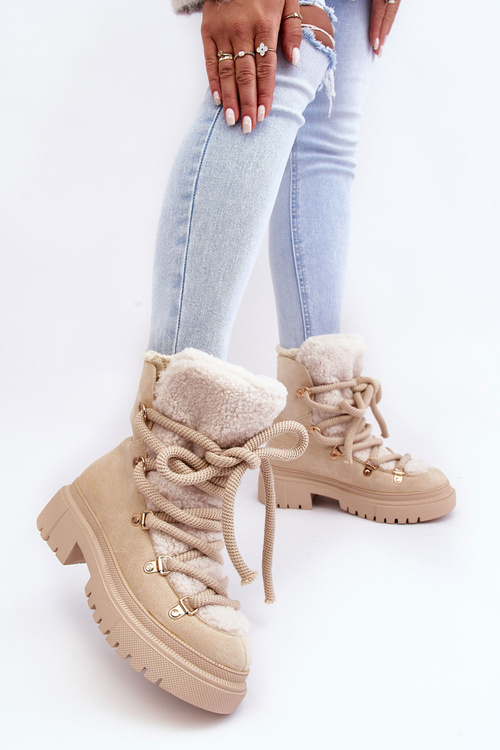 Trapery Śniegowce Damskie Z Wiązaniem Jasnobeżowe Shala