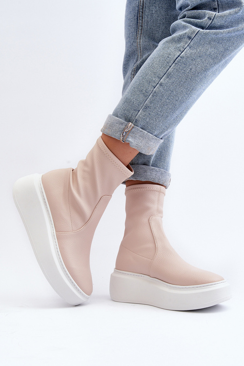 Zazoo 3395 Skórzane Botki Damskie Na Masywnej Platformie Beżowe