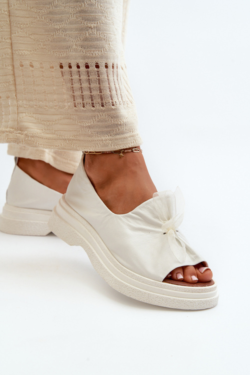 Zazoo 2939 Skórzane Sandały Damskie Z Kokardką Białe