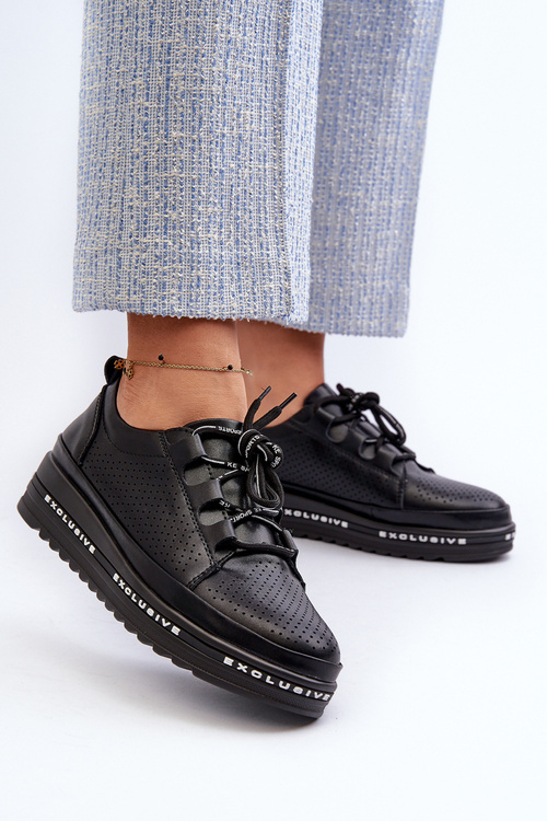 Skórzane Półbuty Damskie Na Platformie S.Barski LR769A Czarne