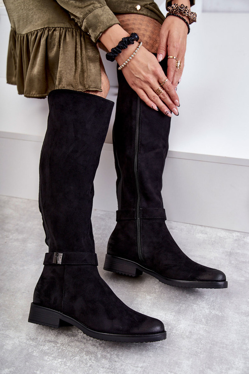 Zamszowe Damskie Kozaki Na Płaskim Obcasie Czarne Henrike