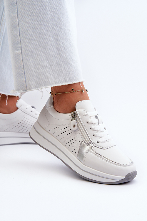 Damskie Skórzane Sneakersy Na Platformie Białe Ligustra