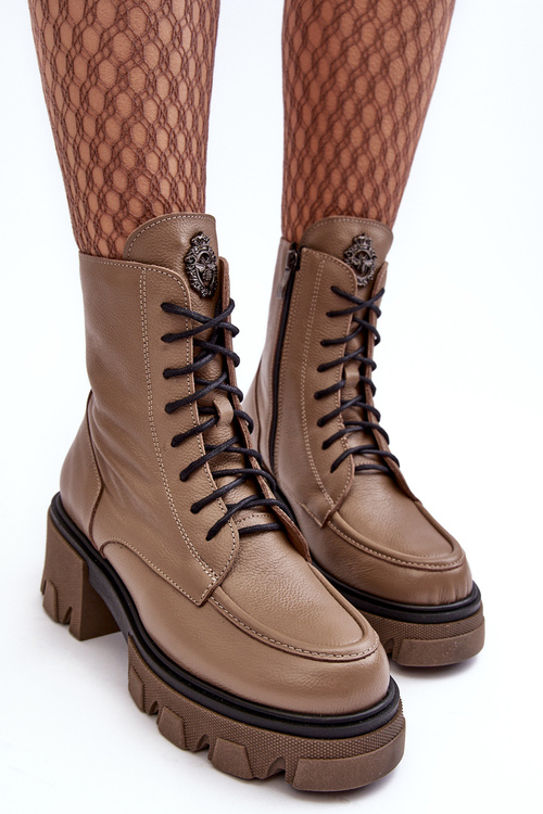 Skórzane Damskie Ocieplane Botki Trapery Lemar Brązowe Rehin