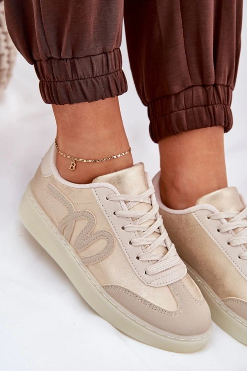 Niskie Buty Sportowe Damskie Z Eko Skóry Złoto-Beżowe Iladira