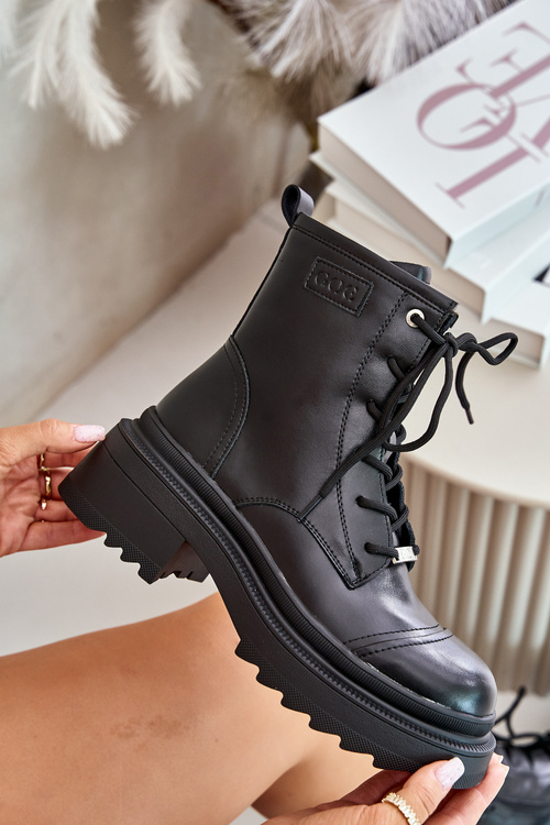 Damskie Workery Botki Ocieplane Ze Skóry Naturalnej Goe OO2N4115-W2 Czarne