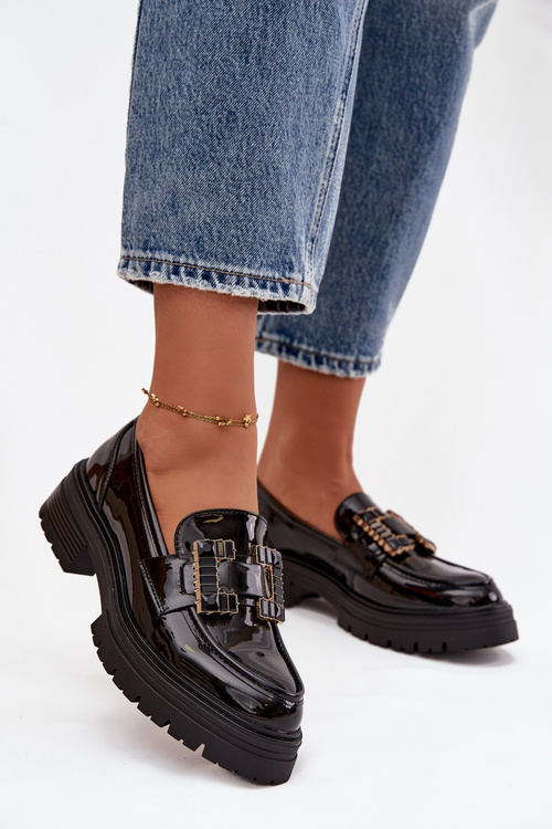 Mokasyny Damskie Lakierowane Z Ozdobą Czarne Ysandra