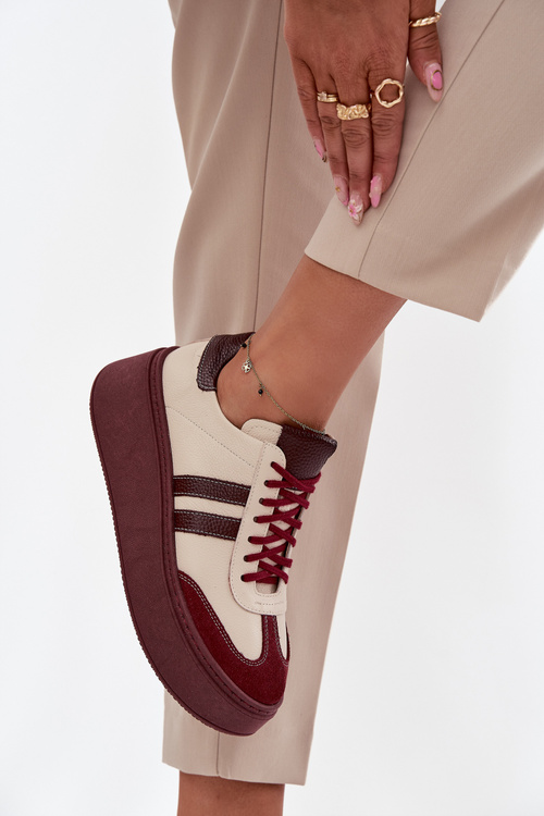 Skórzane Sneakersy Damskie Na Platformie Zazoo 3775 Beżowo-Bordowe