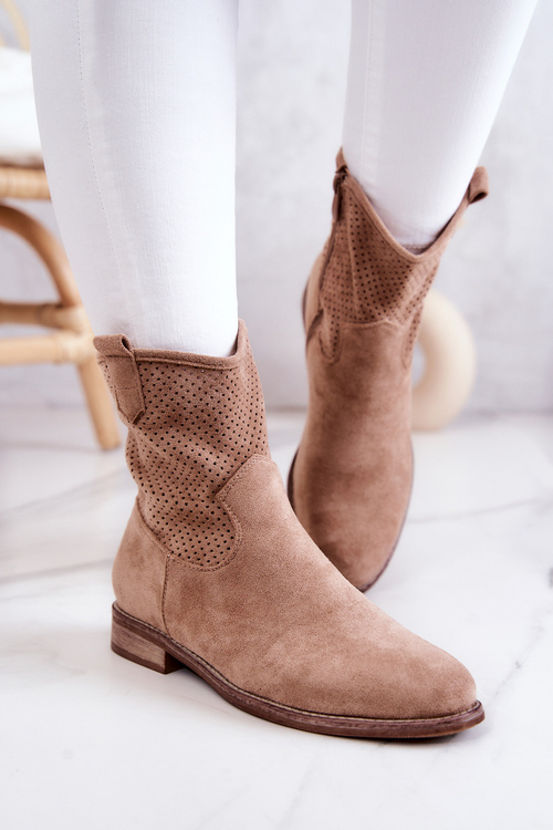 Zamszowe Damskie Ażurowe Botki Beżowe Lemar