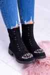Lu Boo | Czarne Damskie Botki Za Kostkę Cyrkonie Zamsz Carrie