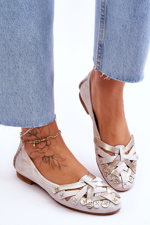 Damskie Skórzane Baleriny Maciejka 01358-22 Beżowo-Złote