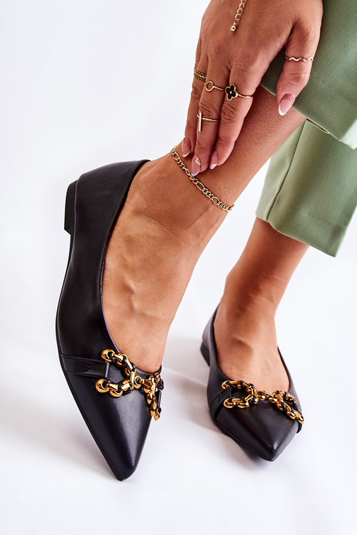 Damskie Skórzane Baleriny W Szpic Z Ozdobą Czarne Carlos