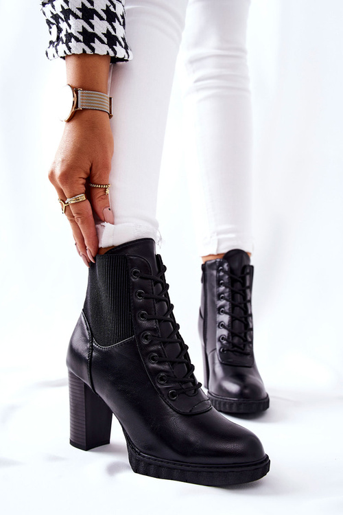 Skórzane Botki Na Słupku Wysokie Czarne Joyte