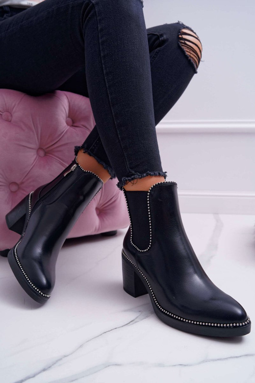 Botki Damskie Na Obcasie Z Dżetami Czarne Rhythmic