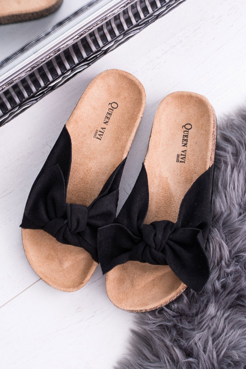 Damskie Czarne Klapki Na Korku Kokarda Dominica