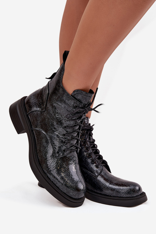 Lakierowane Skórzane Botki Damskie Na Klocku D&A LZ52-954 Granatowe