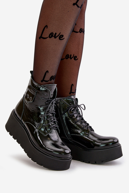 Zazoo 60499 Lakierowane Damskie Botki Na Platformie I Koturnie Ocieplane Skóra Naturalna Ciemnozielone