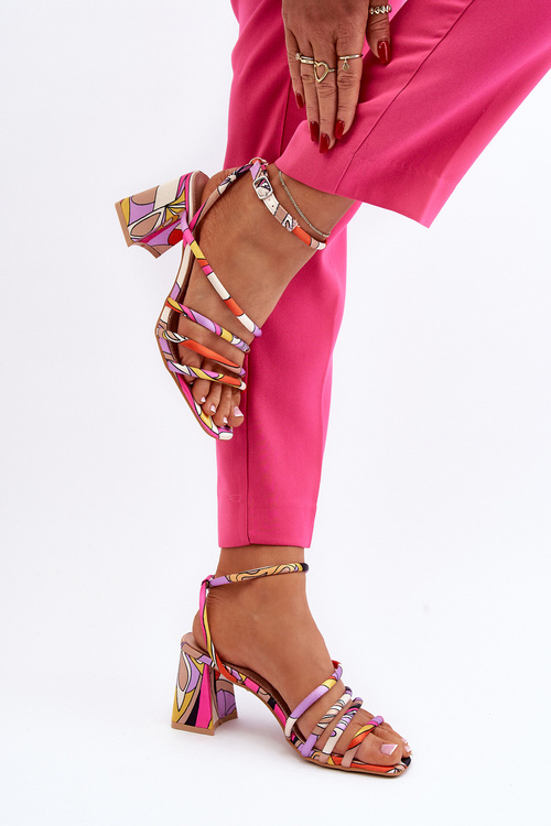 Wzorzyste Sandały Na Słupku Fioletowe Jenglla