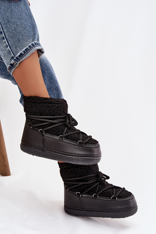 Śniegowce Damskie Z Futerkiem Typu Baranek Wiązane Czarne Belira