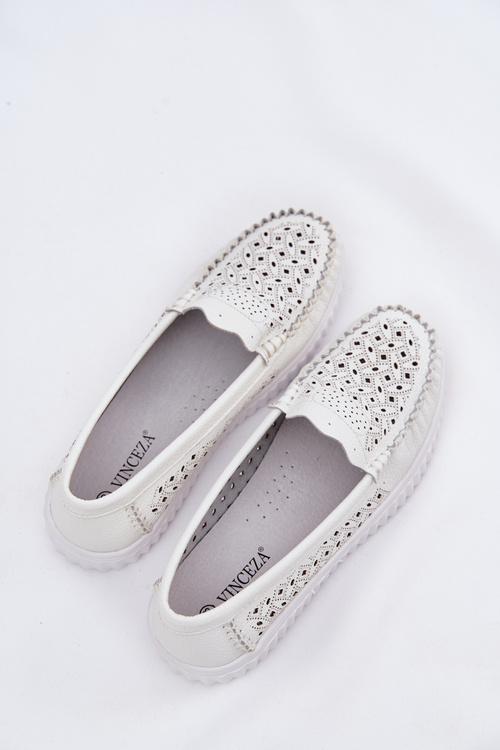 Skórzane Mokasyny Damskie Z Ażurowym Wzorem Vinceza 88028 Białe