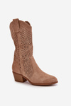 Ażurowe Damskie Botki Kowbojki Na Obcasie Brązowe Iceda