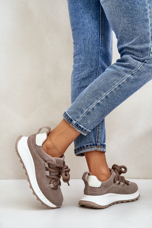 Zamszowe Sneakersy Damskie Z Grubym Sznurowaniem Artiker 54C1409 Beżowe