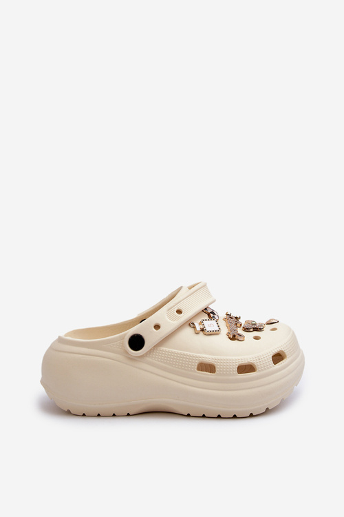 Klapki Damskie Piankowe Lekkie Na Grubej Podeszwie Z Przypinkami Beżowe Effiora