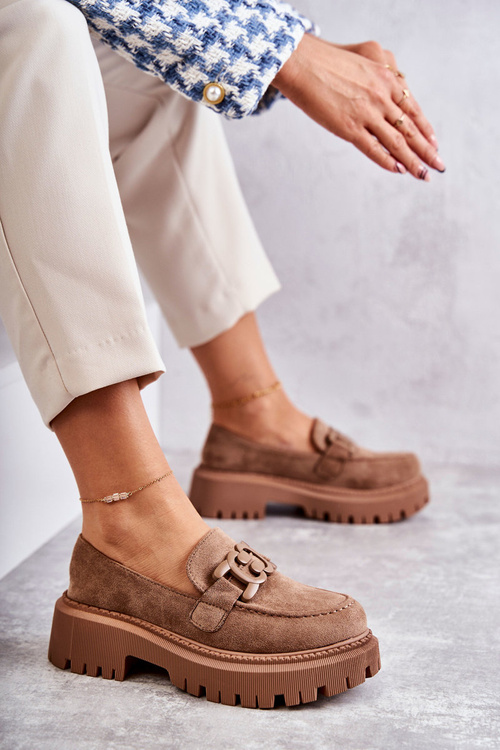 Damskie Półbuty Zamszowe Z Ozdobą Ciemnobeżowe Leeza