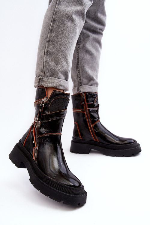 Damskie Lakierowane Skórzane Botki Z Suwakami Maciejka 06238-18 Czarne