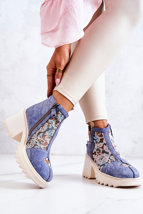 Skórzane Botki Na Masywnym Słupku Maciejka Niebieskie 05325-06