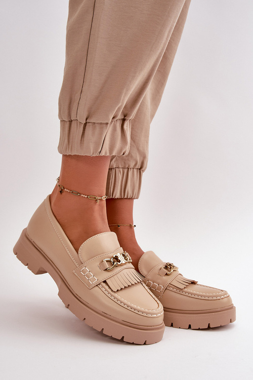 Eko Skórzane Mokasyny Damskie Ze Złotą Ozdobą Beżowe Zanita