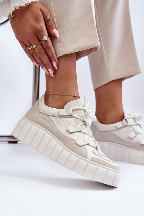 Damskie Skórzane Buty Sportowe Na Platformie M01/1 Zazoo Jasnobeżowe