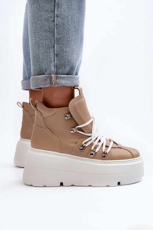 Zazoo 3416 Skórzane Damskie Buty Sportowe Beżowe