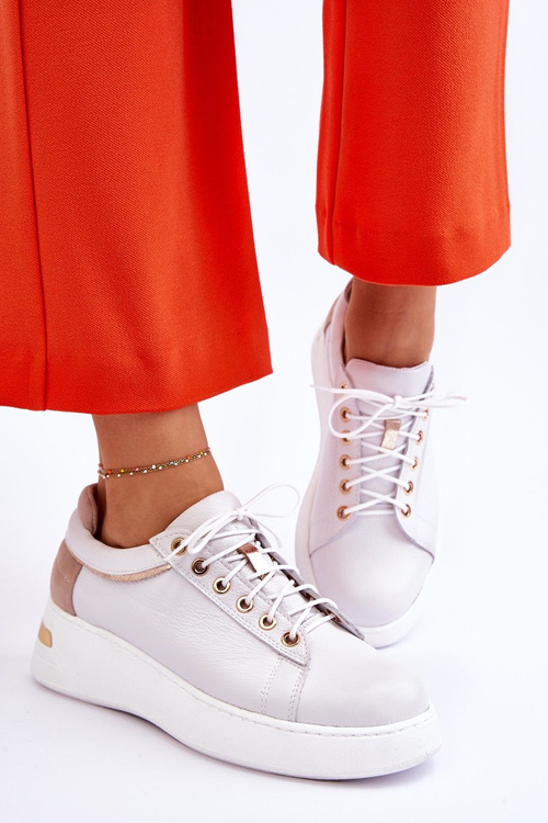 Damskie Skórzane Buty Sportowe Na Platformie Białe Caressa