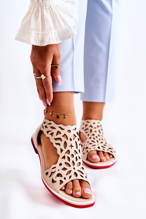 Skórzane Lekkie Ażurowe Sandały Beżowe Alima