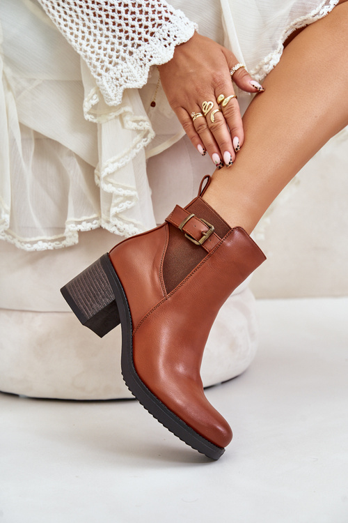 Ocieplane Botki Na Obcasie Eko Skórzane Z Klamrą Camel Eriliana