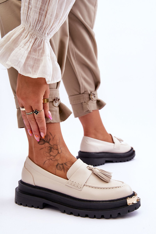 Klasyczne Półbuty Mokasyny Z Frędzlami Beżowe Lonisa