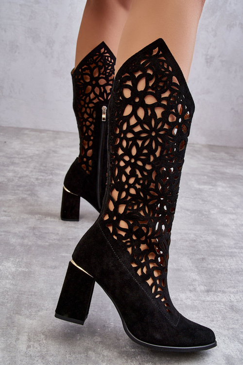 Zamszowe Ażurowe Kozaki Lewski Shoes 3234 Czarne