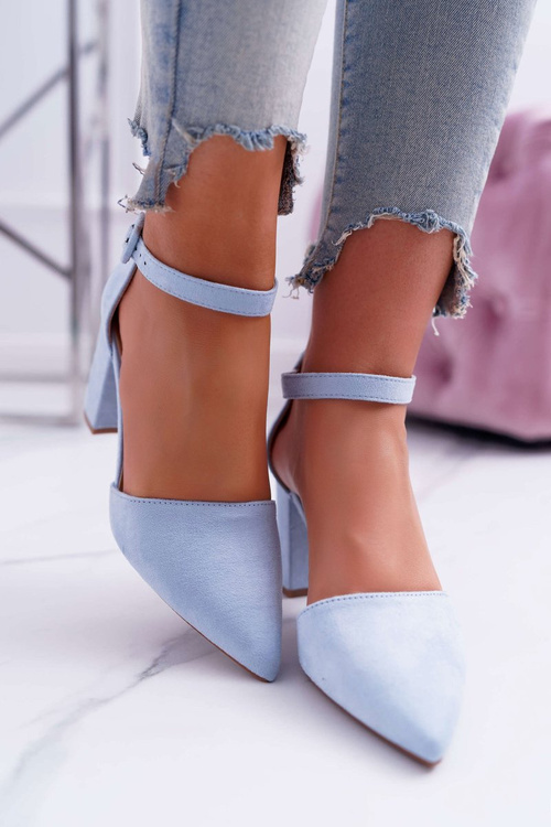 Czółenka Damskie Na Słupku W Szpic Niebieskie MadamStyle