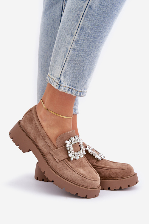 Eko Zamszowe Mokasyny Damskie Z Ozdobną Broszką Ciemnobeżowe Valiana