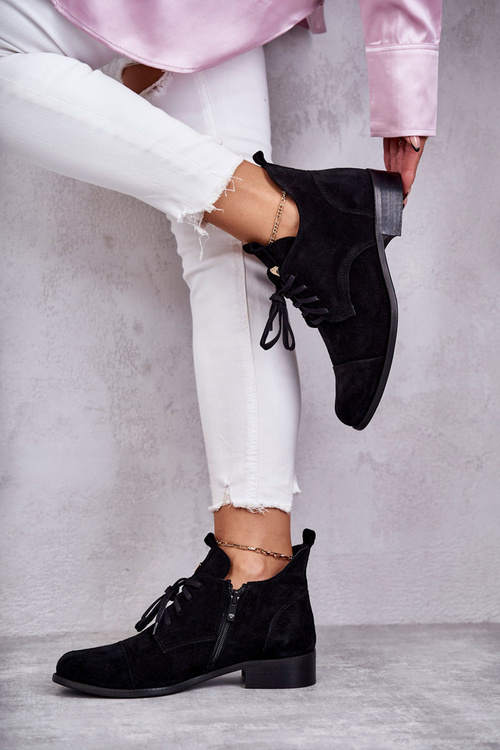 Zamszowe Botki Trzewiki Sznurowane Nicole 2781 Czarne
