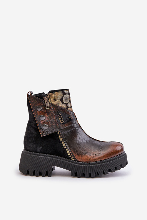 Skórzane Ocieplane Botki Na Platformie I Płaskim Obcasie Maciejka 06140-25 Złoto-Czarne