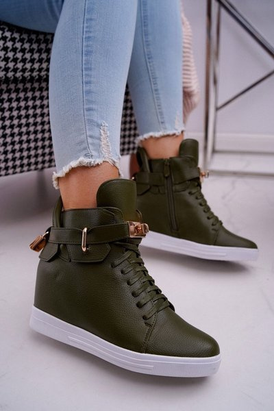 Sneakersy Damskie Na Koturnie Złota Kłódka Oliwkowe Tersey