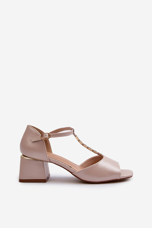 Sandały Damskie Na Obcasie Klocku Z Ozdobnym Paskiem Eko Skórzane Złote Obivena