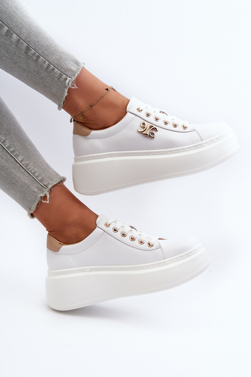 Skórzane Sneakersy Damskie Na Platformie Białe Pernalia
