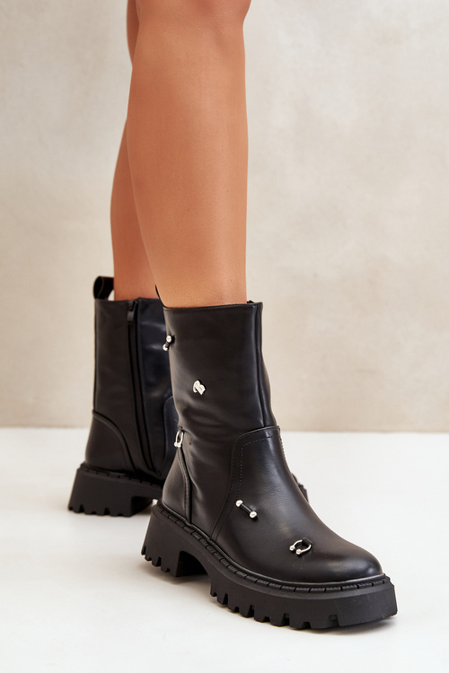 Botki Damskie Eko Skórzane Na Zamek Z Ozdobnymi Detalami Czarne Reritha