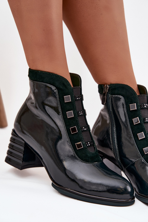 Lakierowane Botki Damskie Z Naturalnej Skóry Na Słupku D&ACR52-696 Ciemnozielone