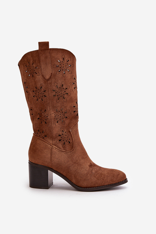 Damskie Ażurowe Kozaki Do Połowy Łydki Z Eko Zamszu Brązowe Nevilos