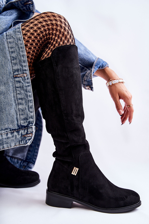 Zamszowe Kozaki Na Płaskim Obcasie Czarne Giulia