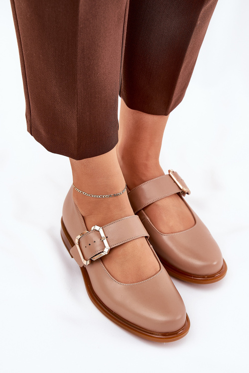 Skórzane Półbuty Damskie Z Klamrą Laura Messi 2980 Ciemnobeżowe