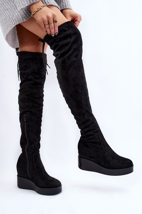 Damskie Kozaki Muszkieterki Na Koturnie Czarne Elori